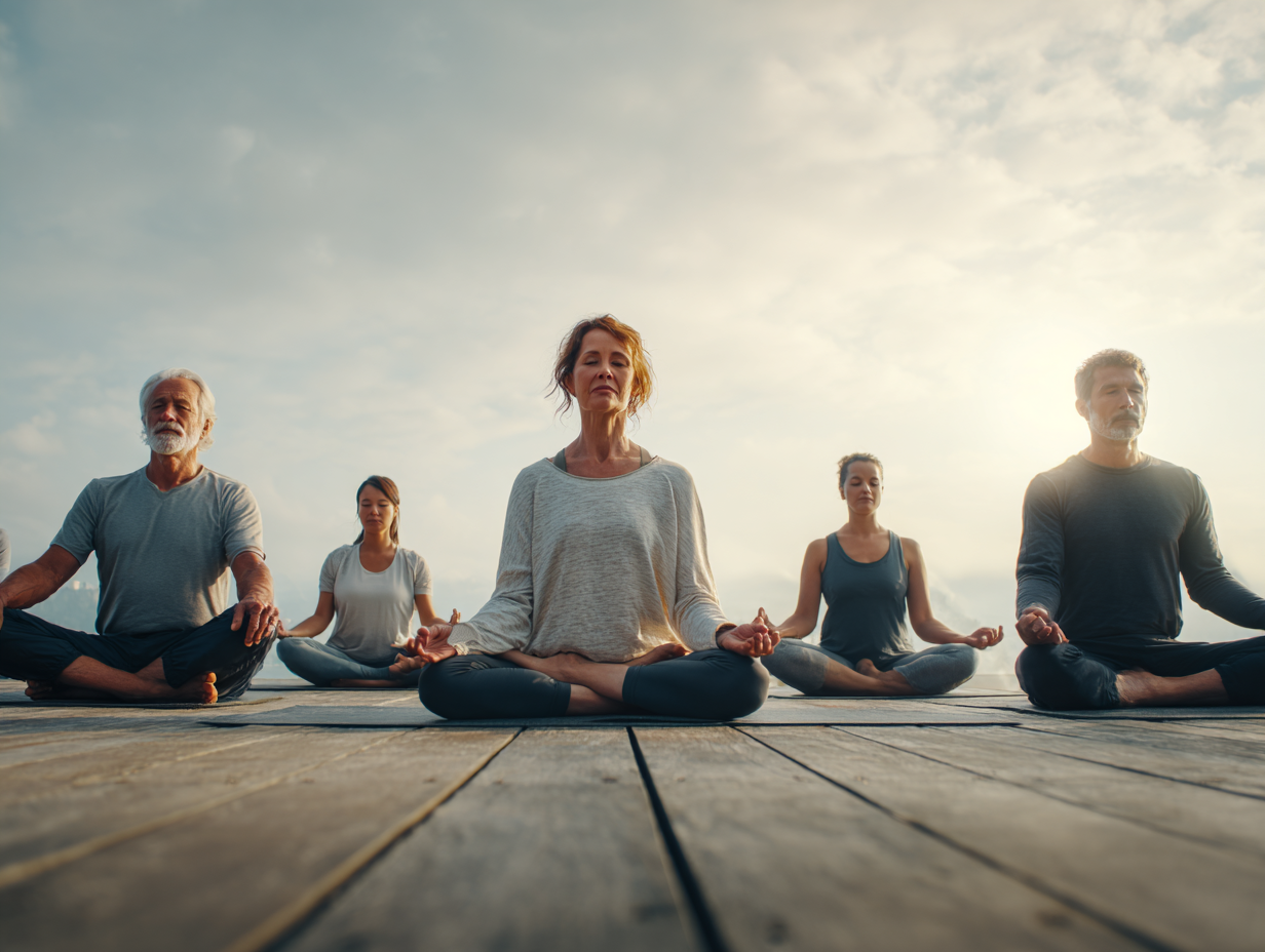 Люди різного віку практикують йогу на природі